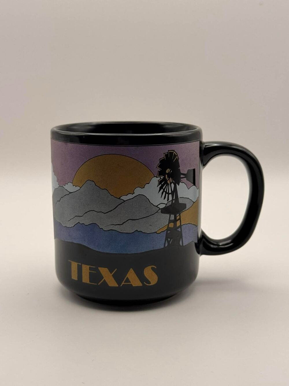 Vintage Texas Coffee Mug KWC Korea Western Wagon Windmill Sunset Black